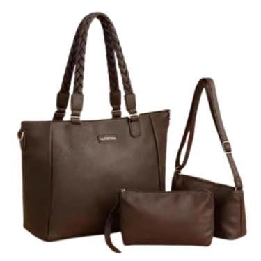 Imagem de Kit 3 Peças Bolsa Feminina com Alça Trançada, Couro Sintético, Marrom, Inclui Bolsa Grande, Bolsa Transversal e Necessaire