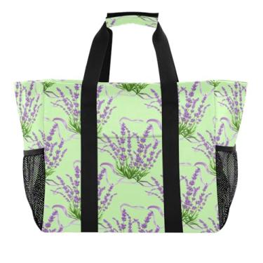 Imagem de Wassud Lavanda Sprigs Sacolas de mercearia reutilizáveis grande bolsa organizadora de lona impermeável para praia, piquenique, lavanderia, viagem