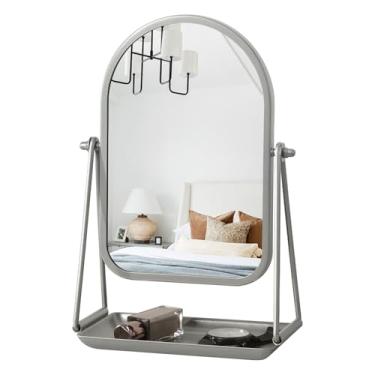Imagem de Gosider Espelho de maquiagem para mesa arqueada de mesa espelho de maquiagem 360° espelho de vaidade independente com bandeja de metal espelho de bancada prata com armazenamento para sala de estar