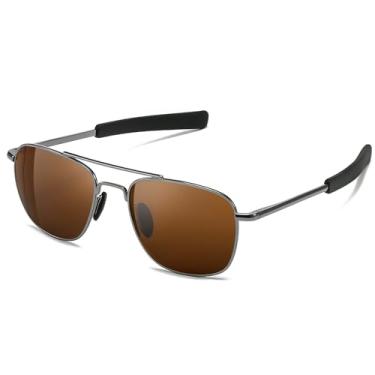 Imagem de SUNGAIT Óculos de sol com lentes de vidro real, estilo militar, piloto, aviador, HD, com hastes de baioneta com dobradiça de mola atualizada, Marrom (lente de vidro real)/armação de bronze