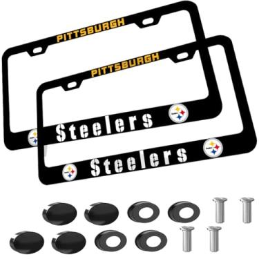 Imagem de 2 peças de ventiladores de metal fosco para quadros de placa de carro Steelers com parafuso para moldura de etiqueta de carro