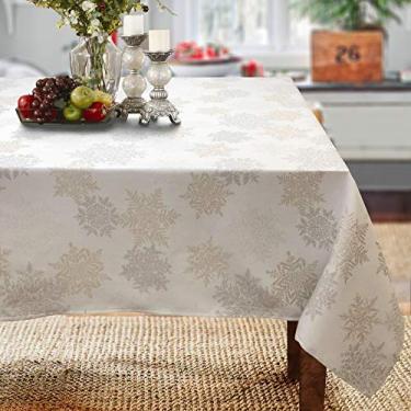 Imagem de CAIT CHAPMAN HOME COLLECTION Toalha de mesa de Natal prata dourada flocos de neve metálico jacquard tecido corredor e guardanapo (toalha de mesa 152 x 259 cm)