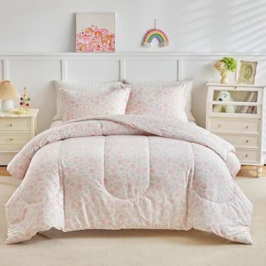 Imagem de Joyreap Conjunto de edredom de algodão floral de 3 peças para meninas, rosa e azul, design adorável, tamanho Queen, macio, aconchegante, leve, de algodão, conjunto de edredom para todas as estações