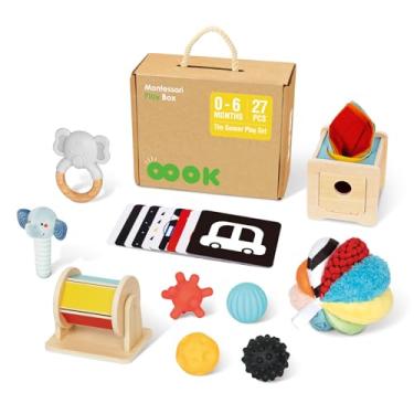 Imagem de OOOK Montessori Toys 0-6 Months, Montessori Toy Set, 7 in 1 Newborn Baby Toys with Spinning Drum, Tissue Box Toy, Sensory Balls, Contrast Cards and More