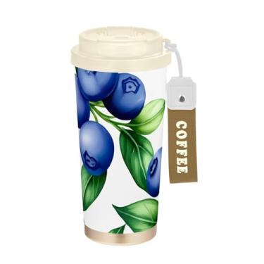 Imagem de Caneca de viagem de café 40 ml com canudo e tampa, copo de café de aço inoxidável à prova de vazamento para escritório, escola, festa, acampamento, mirtilos, folhas verdes