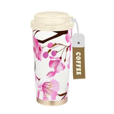 Imagem de TSENQUE Caneca de café de viagem 16+ Oz, copo de café com revestimento cerâmico com canudo e tampa, copo isolado a vácuo de aço inoxidável, flores de cerejeira rosa floral branco