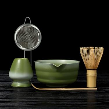 Imagem de Conjunto de 5 peças de matcha verde gradiente - tigela de cerâmica, chasen de bambu, suporte, colher e peneira para entusiastas da cerimônia do chá, conjunto de batedor matcha para amantes de chá