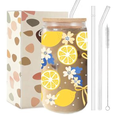 Imagem de Copo de vidro floral de limão estilo chinês, copo estético de limão de 473 ml com tampa de plástico e canudos, copo de chá gelado fofo, presente exclusivo de aniversário e Natal para mulheres