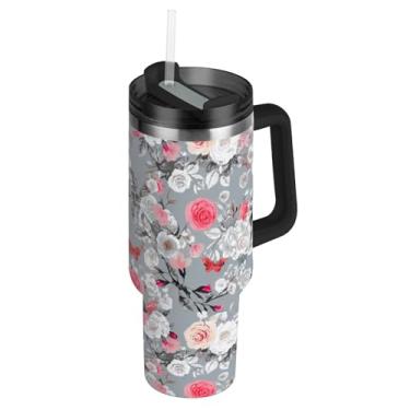 Imagem de Copos de pétala de rosa branca e cinza silenciada com tampas e cores de canudo copo de 850 g com alça garrafa de água isolada de aço inoxidável caneca de café quente para carro