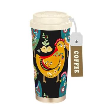 Imagem de TSENQUE Caneca de café de viagem 40 ml com revestimento cerâmico, copo de café de aço inoxidável com tampa e canudo, copo isolado a vácuo, pintinhos coloridos floral preto
