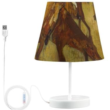 Imagem de TSENQUE Candeeiro de mesa personalizado com animais engraçados, moderno, USB, cabeceira, LED, regulável, lâmpada noturna quente para quarto de crianças, impressões de Edgar Degas, arte de jóquei