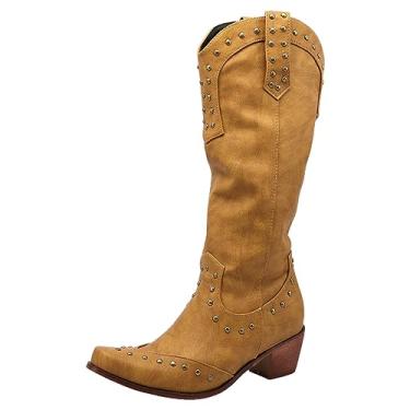 Imagem de Jamron Botas femininas retrô Rivets Cowboy bico fino salto grosso ocidental botas sob o joelho, Amarelo, 35