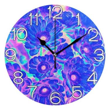 Imagem de GAIGEO Relógio de parede decorativo floral abstrato flores roxas analógico escritório cozinha relógio operado por bateria silencioso, decoração de parede moderna sala de estar, 25 cm, ponteiros