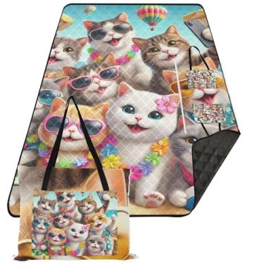 Imagem de TSENQUE Happy Animals Cobertor de praia à prova d'água de gatos fofos à prova de areia, tapete de acampamento infantil estampado para grama, itens essenciais de piquenique fofo, dobrável, 299 cm x 203