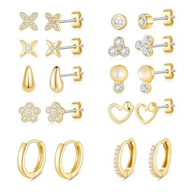 Imagem de KesaPlan Conjunto de brincos de argola hipoalergênicos banhados a ouro 14 quilates para mulheres, brincos pequenos, brincos de argola com vários piercings de estrela, coração, bola, zircônia cúbica