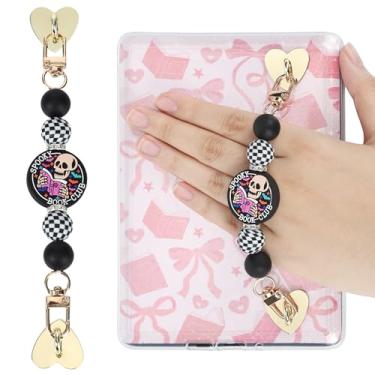 Imagem de LuneClat Pulseira para E-Reader com caveira assustadora - Pingente de corrente de silicone retrô com contas para Kindle, pulseiras acessórios para e-reader amantes de livros mulheres e homens, alça de