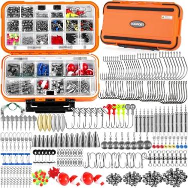 Imagem de TOPFORT Kit de acessórios de pesca 187/343 peças, caixa de equipamento de pesca com equipamento incluído, anzóis, pesos de chumbada de fundição de robalo, botões giratórios, escorregadores
