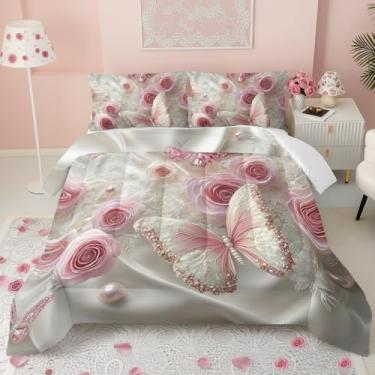 Imagem de QOOMO Jogo de cama casal com estampa de flores e borboletas fofas, para decoração de quarto de meninos e meninas, rosa de microfibra leve, 1 edredom e 2 fronhas