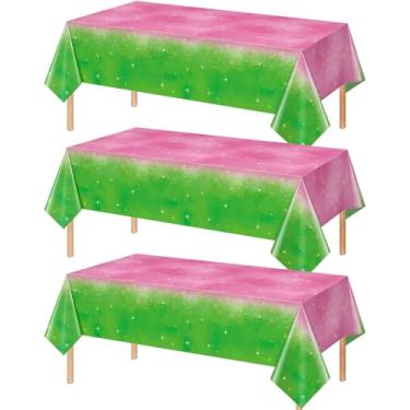 Imagem de YIDAKO 3 peças de toalha de mesa para decoração de festa de bruxa, toalha de mesa retangular descartável rosa e verde, capa de mesa com tema de bruxa para crianças, chá de bebê, casamento, festa de