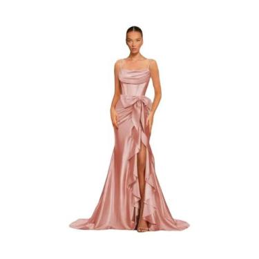 Imagem de Vestido De Gala Feminino Em Cetim Estilo Sereia Com Alças Finas, Ombro