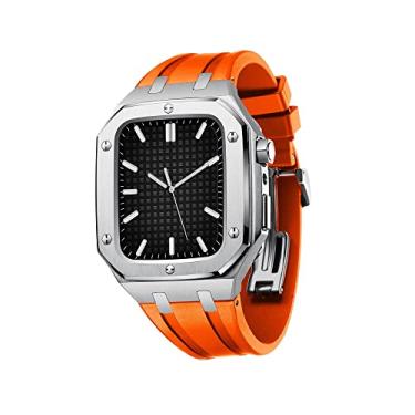 Imagem de BKUANE Capa de metal para Apple Watch 6 44mm protetor pulseira de silicone para IWatch 8,7, 45mm 6 5 4 SE 44mm acessórios capa protetora completa masculina (cor: laranja prata, tamanho: 45mm PARA 8)