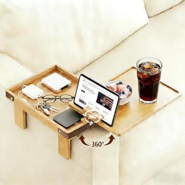 Imagem de Bandeja de apoio de braço para sofá com bambu – mesa de braço de sofá ajustável com suporte de telefone giratório de 360° e compartimento de armazenamento oculto para lanches, bebidas, controle remoto