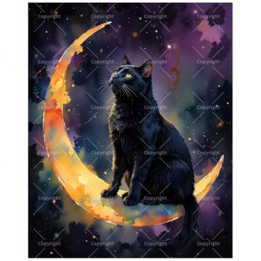 Imagem de Kit de pintura de gato celestial por números para adultos - DIY gato preto na lua crescente com pintura de céu estrelado em tela 40 x 50 cm, conjunto de tinta acrílica, adequado para iniciantes, arte