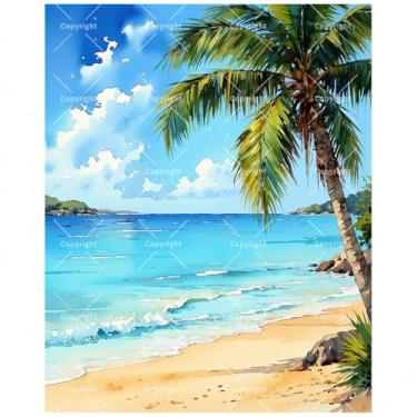 Imagem de Kit de pintura de paisagem tropical por números para adultos - Pintura DIY de palmeira e costa de praia em tela, conjunto de tinta acrílica, adequado para iniciantes, arte para decoração de casa ou