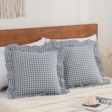Imagem de YHJWW Capas de almofada azul pálido guingão com babados europeus, 100% algodão lavado, como linho, macio, confortável, xadrez, decorativa, conjunto de 2 capas para cama de sofá (66 x 66 cm, fecho de
