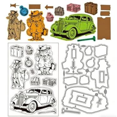 Imagem de 1 conjunto de carimbos transparentes de plástico PVC com tema de desenho animado, mouse de gato e carro, moldes de corte de aço carbono para álbum de fotos faça você mesmo, cartão de papel decorativo