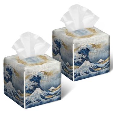 Imagem de Capa para caixa de lenços Art Great Wave 2 peças, suporte de caixa de lenços de papel facial quadrada caixa de lenços organizador de cubo para banheiro, quarto, mesa, escritório