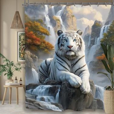 Imagem de Yookeb Cortina de chuveiro de banheiro tigre branco 152 cm por 188 cm Animal Cool Majestic Wildlife Man Tecido de poliéster 12 ganchos de plástico à prova d'água decoração