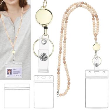 Imagem de Cordão de madeira com suporte de identidade retrátil para professores, carretel de chaveiro, cordões de contas, cordão moderno para crachás, mulheres, enfermeiras, cruzeiros, cartões, chaveiro