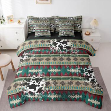 Imagem de Erosebridal Conjunto de edredom com estampa de couro bovino asteca azul vermelho, tamanho Queen, 7 peças, estampa de pele boho, tribal, étnica, fazenda, rústico, para adultos, homens e mulheres