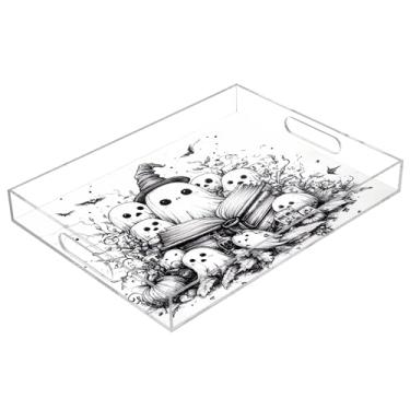 Imagem de xigua Bandeja de servir de acrílico fantasma de Halloween com alças à prova de derramamento, bandejas decorativas de festa de Halloween, bandeja organizadora de bancada para banheiro, cozinha, 30,5 x