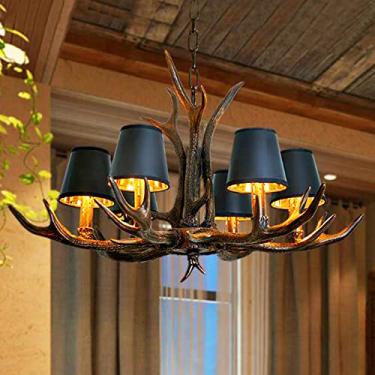 Imagem de Lustre de chifres vintage E14, luminária pendente de resina com 6 lâmpadas, estilo chapéu preto, luminária suspensa retrô com altura ajustável para sala de jantar, sala de estar, loft, corre