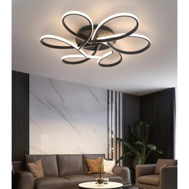 Imagem de Luminária de teto LED regulável com design moderno em formato de flor, com controle remoto, ideal para quarto, sala de estar, sala de jantar e quarto infantil (Preta, 75cm*72W)