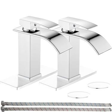 Imagem de sagetta Torneira de pia de banheiro cachoeira com furo único cromado com tampa de três furos, ralo pop-up e mangueiras de água vaidade de aço inoxidável pacote com dois