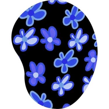 Imagem de Mouse Pad Ergonômico Gota Flores Azuis Fundo Preto
