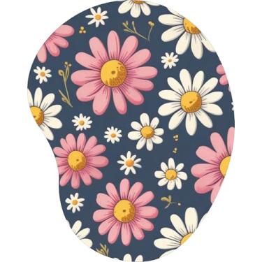 Imagem de Mouse Pad Ergonômico Gota Margaridas Brancas e Rosas Fundo Azul Marinho