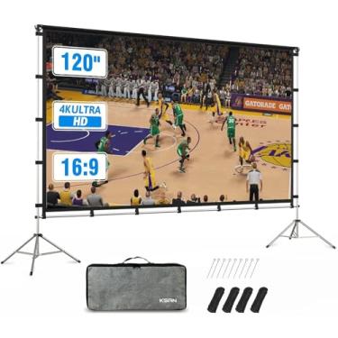 Imagem de KSAN Tela de Projeção de 120" com Suporte(Suporte de Alumínio) Tela de Projetor Portátil de Filme Anti-Rugas Dobrável 16:9 com Bolsa de Transporte para Home Theater Interno e Externo, Festa, Escritóri