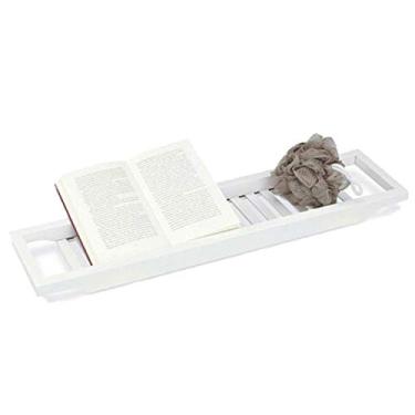 Imagem de Apoio para Banheira de Bambu com Organizador Fundo Antiderrapante Design Fendas Grande Armazenamento Sabão Livro Vinho Tablet Toalha Suporte Telefone Experiência Spa no Banho