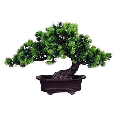 Imagem de SLGGPJBU Plantas falsas/plantas artificiais de pinheiro falso mini bonsai artificial com vasos de cimento de plástico para decoração de escritório doméstico, plantas de interior artificiais verdes