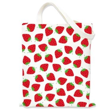 Imagem de Sacola estética clássica com estampa de morango para mulheres e meninas, bolsas de pano com alças, sacola temática de frutas, sacolas fofas para mulheres, bolsa de compras reutilizável para viagens