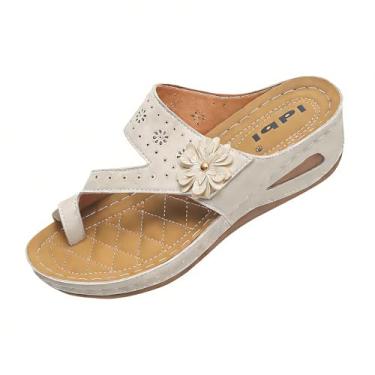 Imagem de Sandálias femininas de cunha com decoração floral, chinelos confortáveis para primavera e verão, Branco, 34