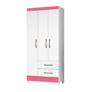 Imagem de Guarda Roupa Solteiro Quarto Pequeno 3 Portas 2 Gavetas Lima Branco Com Rosa