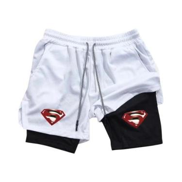 Imagem de Shorts De Treino Masculinos 2 Em 1 Com Estampa De Super-Herói, Bolso P