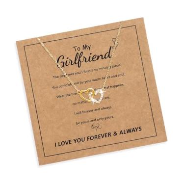 Imagem de Agriajun Colar feminino com pingente de coração de amor duplo para namorada, presente de zircônia cúbica, branco, dourado, prata, strass, para sempre, dia dos namorados, Natal, aniversário, formatura