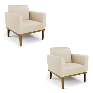 Imagem de Kit 2 Poltronas Decorativas Pés Fixo Em Madeira Castanho Pu Bege