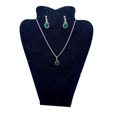 Imagem de Conjunto Colar Brinco zircônia Ponto Luz GOTA VERDE AÇO INOX - ASA